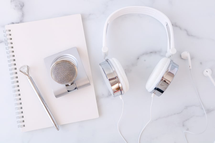 Podcasting Styled Stock Photo with Headphones and Office Supplies 